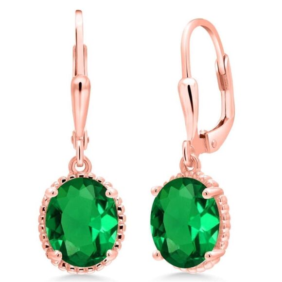 18K Rose Gold 925 with 3.00 Cttw Emerald Oval Leverback Hook Earrings